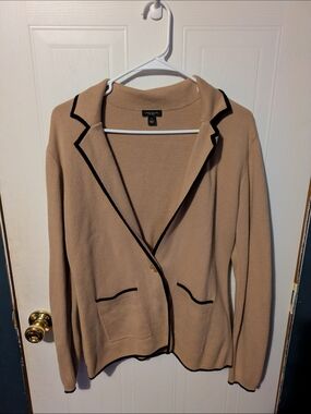 Ann Taylor Factory Camel Knit Cardigan with Black Trim